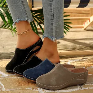 Comfortable women's wedge platform slippers in four stylish colors with contrast stitching.