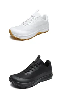 Men's outdoor trail running shoes shown in white mesh with gum sole and all-black color
