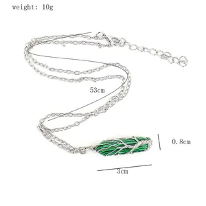 Detailed view of the tree of life wire wrapped hexagonal crystal necklace with dimensions