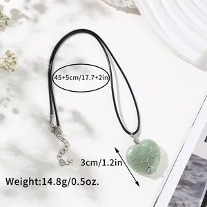 Detailed measurements of green heart stone tree of life pendant necklace with dimensions