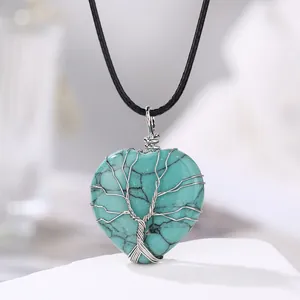 Handmade turquoise heart pendant necklace with silver wire wrapped tree of life