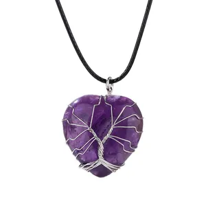 Natural amethyst heart pendant necklace with silver wire wrapped tree of life design