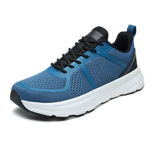 Blue breathable mesh men's athletic sneakers with thick white soles and black laces