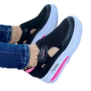 Women's casual knit platform sneakers with velcro strap and breathable mesh upper