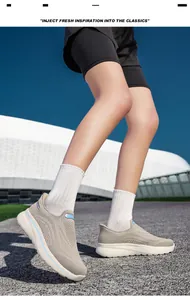 Close-up of breathable knit slip-on walking shoes for seniors in an outdoor setting