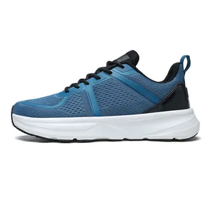 Side view of men's wide-toe running shoes with breathable blue mesh and white foam sole