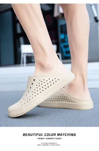 Macro view of beige breathable non-slip clogs for outdoor summer activities on street