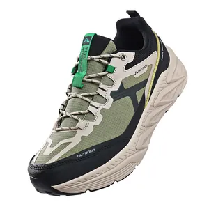 Stylish olive green outdoor trail running shoe with thick sole and breathable mesh upper