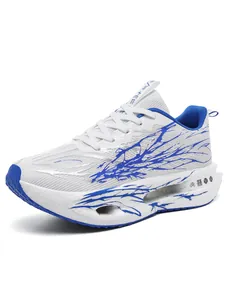 Detailed side view of boys' ultra-light blue and white carbon plate running sneakers.