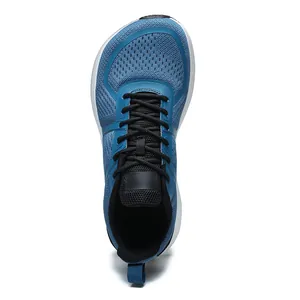 Top-down view of men's blue breathable mesh running shoes with wide toe box design