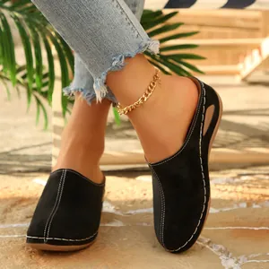 Comfortable black wedge mules for women with closed toe and white stitching detail
