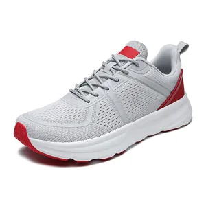 Grey and red breathable mesh men's running shoes with wide cushioned white sole