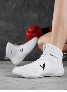 Professional white high-top boxing and wrestling shoes for men with non-slip soles