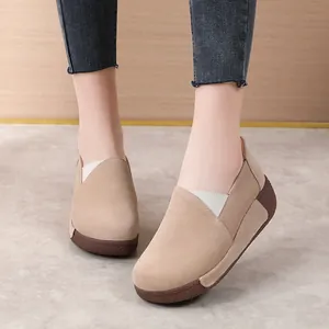 Women's stylish genuine leather platform rocker shoes, comfortable slip-on loafers for spring