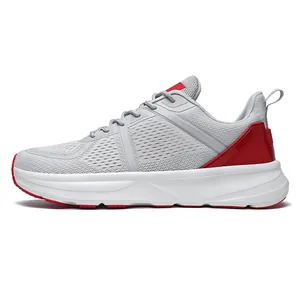 Side detail of grey breathable mesh running shoes with wide toe box and red accents