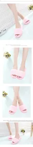 Multiple views of cozy pink faux fur open-toe home slippers for autumn and winter comfort