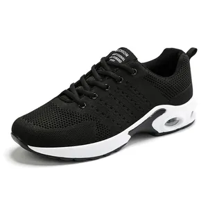 Black fly-knit men's height-increasing sports shoes with white air cushion sole