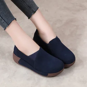 Comfortable women's navy blue suede platform rocker shoes with casual slip-on design