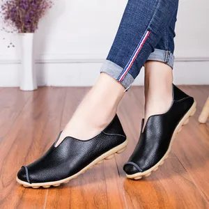 Women's casual black leather flat loafers with comfortable pebble sole