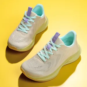 Detailed view of women's wide-toe carbon plate running shoes with breathable fly-knit mesh