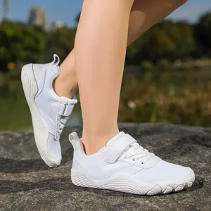 Breathable white kids barefoot sneakers with wide toe box design for sports and daily running
