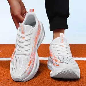Lightweight children's carbon plate running shoes with orange flame patterns on track.
