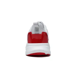 Rear view showing the heel construction of white and red men's wide cushioned running shoes