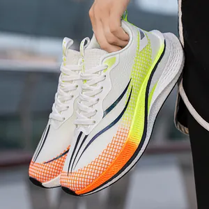 Vibrant neon gradient unisex running shoes with breathable mesh and thick cushioned soles.
