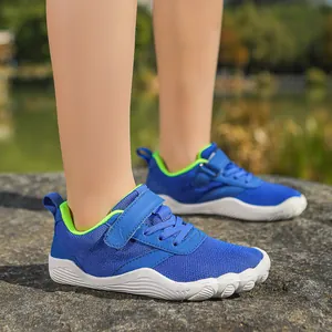 Blue kids breathable mesh running shoes with wide toe barefoot design for outdoor sports