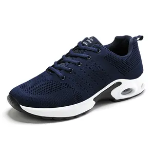 Dark blue fly-knit breathable men's sports shoes with height-increasing air cushion sole