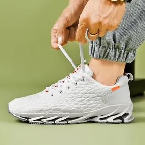 White breathable flyknit men's running shoes with a unique blade-style sole design