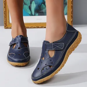 Comfortable navy blue hollow-out flat sandals for women summer beach wear