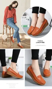 Detaillierte Ansichten von orangefarbenen Leder-Loafers mit Keilabsatz und Kontrastnähten.