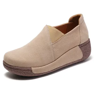 Comfortable women's platform rocker shoes, casual cowhide loafers in beige
