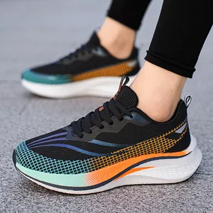 Breathable black mesh running shoes with colorful gradient grid and thick white soles