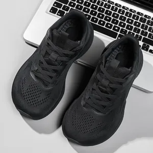 Black women's wide-toe running shoes with breathable fly-knit mesh upper