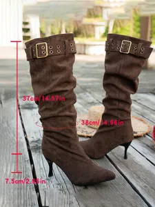 Detailed measurements of brown suede pointed-toe stiletto knee-high boots with buckles.
