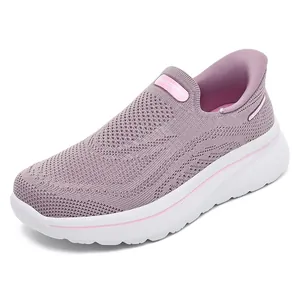 Breathable purple knitted slip-on walking shoes with cushioned white sole for women
