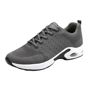 Premium grey flyknit men's athletic sneakers with comfortable air cushion white sole