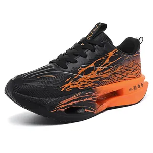 Lightweight boys' running shoes with orange carbon plate sole and breathable mesh upper