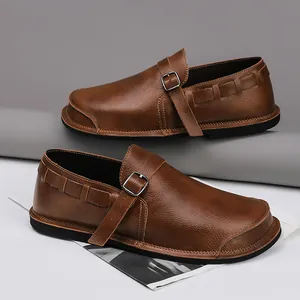 Minimalist brown vintage leather men's barefoot shoes with wide toe and buckle strap