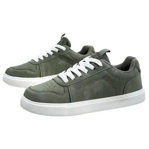 Minimalist unisex olive green leather casual board shoes with thick white sole and laces