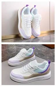 Close-up of stylish color-blocked leather skate shoes for women in soft pastel tones
