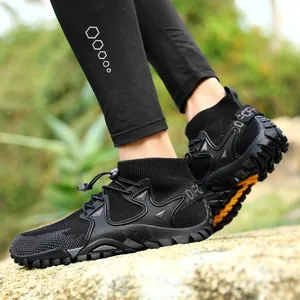 Black mid-top outdoor wading shoes with non-slip rubber soles for hiking and fishing