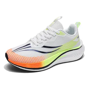Breathable white unisex running shoes with neon orange and yellow gradient accents