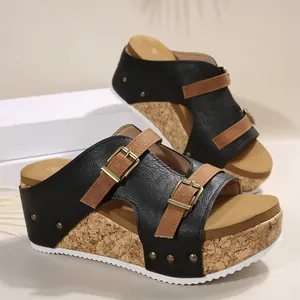 Stylish womens black and brown platform wedge sandals with cork soles and rivet details