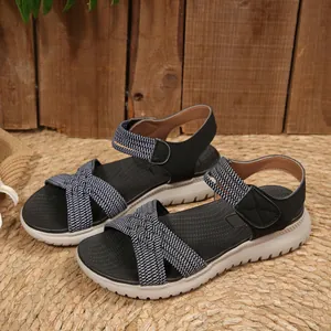 Detailed view of women's sporty platform sandals with black and white woven velcro straps