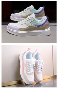 Modern women's low-top patchwork leather sneakers in purple and pink color variants