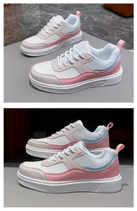 Side profile and top view of women's patchwork leather skate sneakers in pink and white