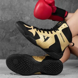 Professional gold and black high-top boxing wrestling shoes with anti-slip rubber sole